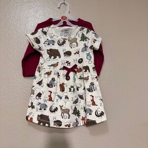 Girls' Cream Woodland Animal Print Dress with Magenta Cardigan